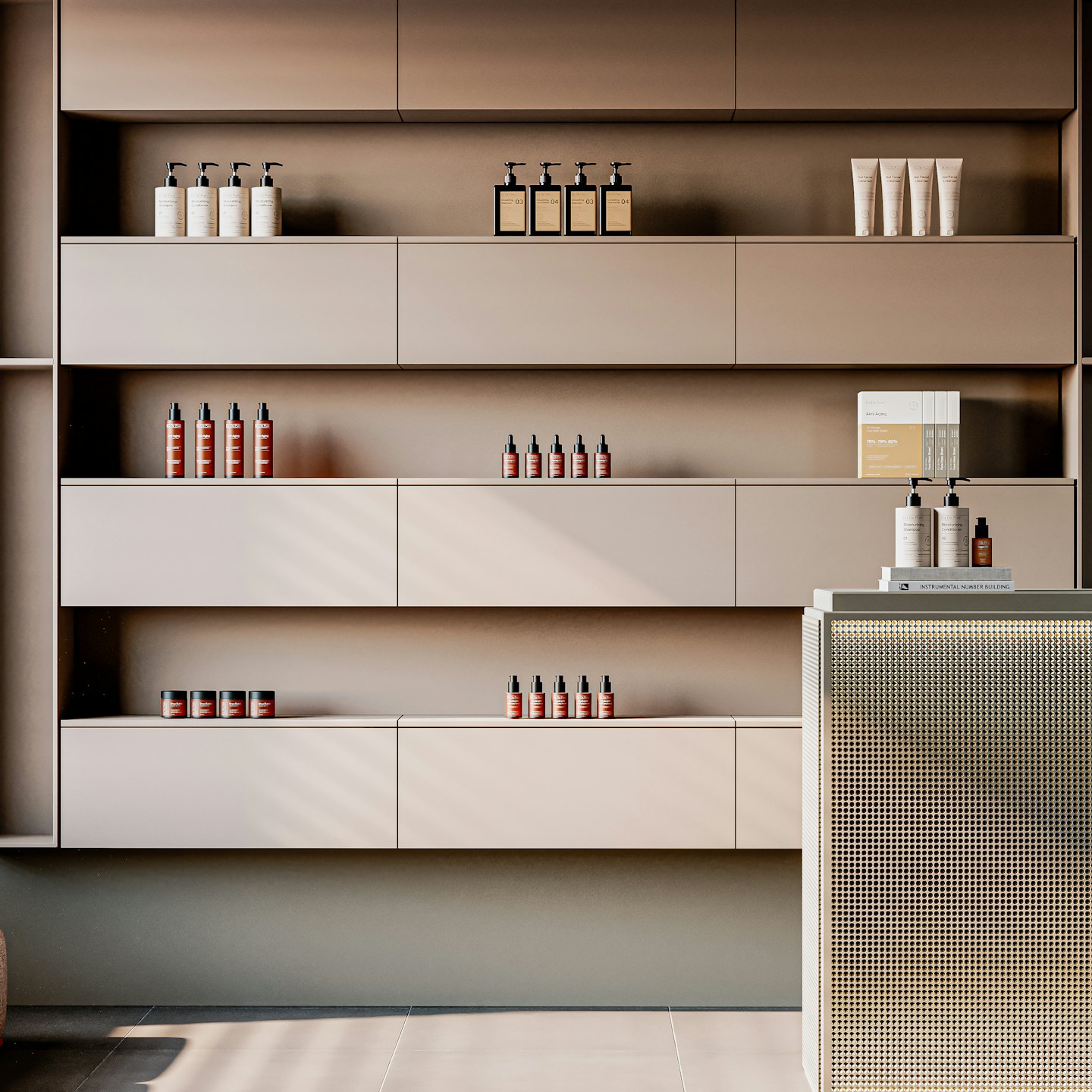 Skincare products displayed neatly on modern shelves and counter.